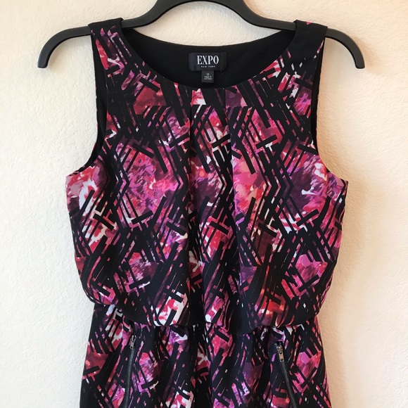 Expo New York Sleeveless Dress Size 12 POCKETS Geometric Print Black Pink - Picture 3 of 9